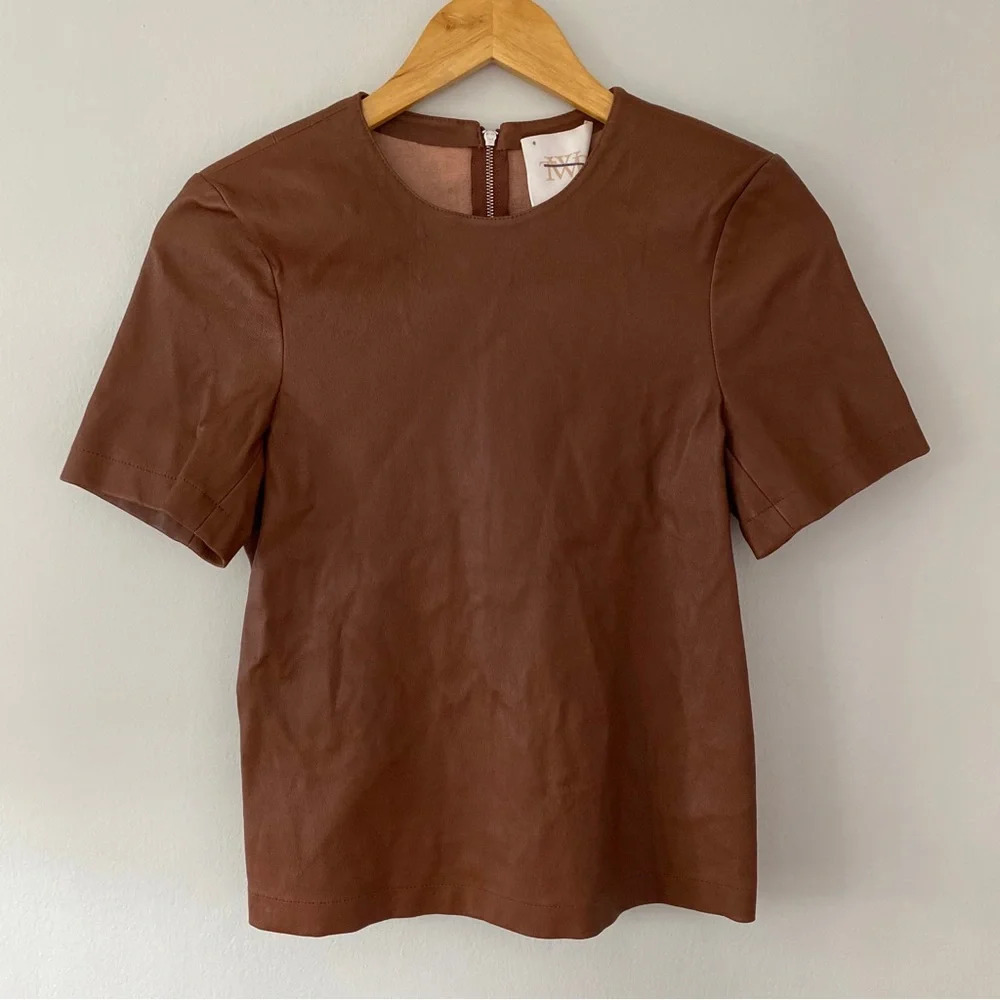 TWP Women's Cognac Brown Lambskin Leather Short Sleeve Tee Top Size Extra Small - Picture 3 of 5